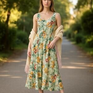 Peruvian Connection Tahitian Flowers Maxi Dress Small Green Floral Tropical NEW